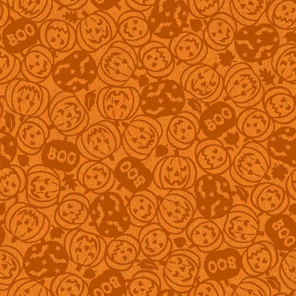 Pattern from the Pumpkin Grove fabric Collection Spooky Pumpkins: design features tossed carved jack-o'-lanterns, the word "boo," and flying bats. Backgrounds are orange, Orange/Black, Tan and Tan/Black. The collection by Maywood Studio is a rustic, farmhouse-inspired Halloween line featuring sophisticated seasonal palette and includes22 patterns characterized by textured backgrounds and classic spooky motifs