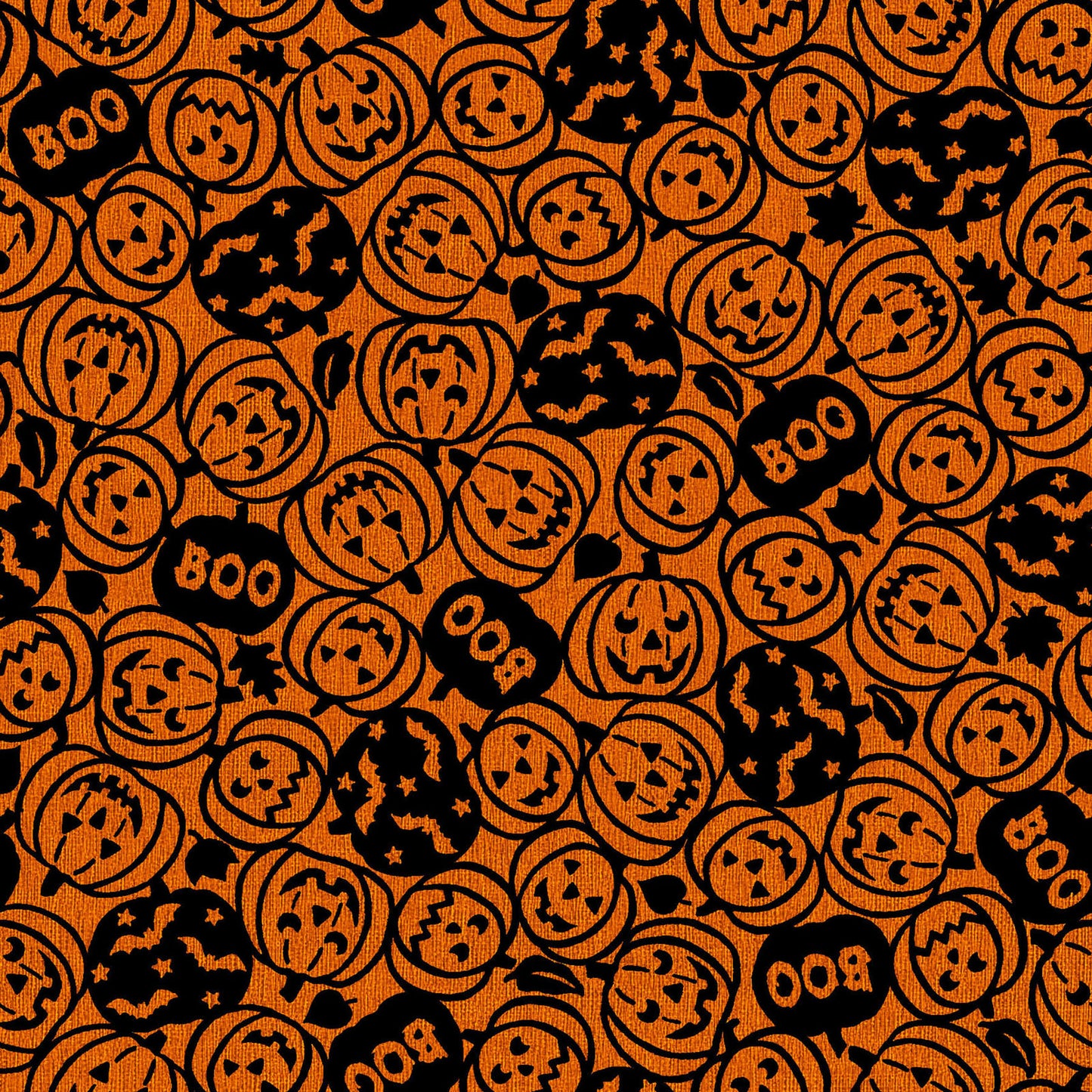Pattern from the Pumpkin Grove fabric Collection Spooky Pumpkins: design features tossed carved jack-o'-lanterns, the word "boo," and flying bats. Backgrounds are orange, Orange/Black, Tan and Tan/Black. The collection by Maywood Studio is a rustic, farmhouse-inspired Halloween line featuring sophisticated seasonal palette and includes22 patterns characterized by textured backgrounds and classic spooky motifs