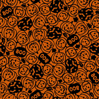 Pattern from the Pumpkin Grove fabric Collection Spooky Pumpkins: design features tossed carved jack-o'-lanterns, the word "boo," and flying bats. Backgrounds are orange, Orange/Black, Tan and Tan/Black. The collection by Maywood Studio is a rustic, farmhouse-inspired Halloween line featuring sophisticated seasonal palette and includes22 patterns characterized by textured backgrounds and classic spooky motifs