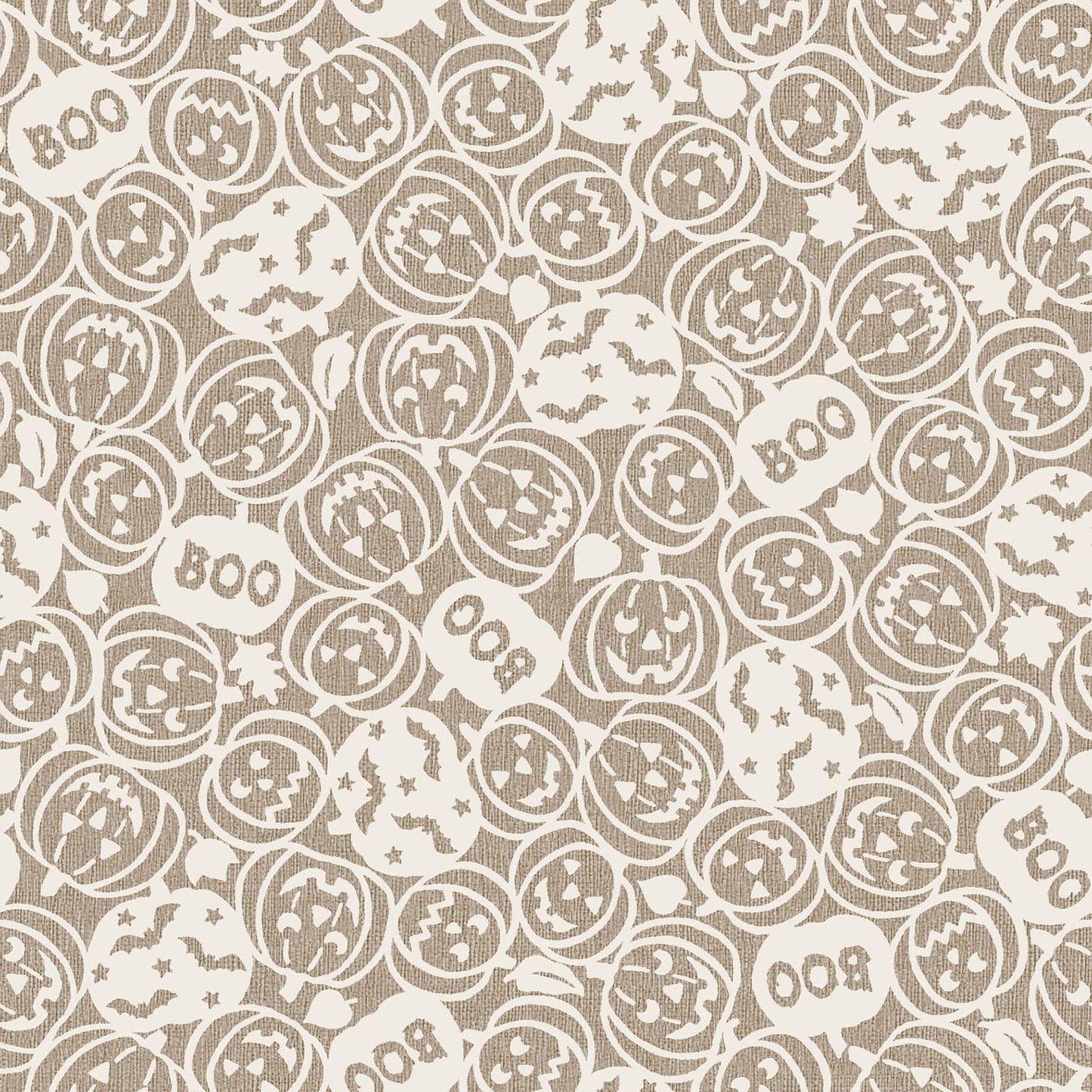 Pattern from the Pumpkin Grove fabric Collection Spooky Pumpkins: design features tossed carved jack-o'-lanterns, the word "boo," and flying bats. Backgrounds are orange, Orange/Black, Tan and Tan/Black. The collection by Maywood Studio is a rustic, farmhouse-inspired Halloween line featuring sophisticated seasonal palette and includes22 patterns characterized by textured backgrounds and classic spooky motifs