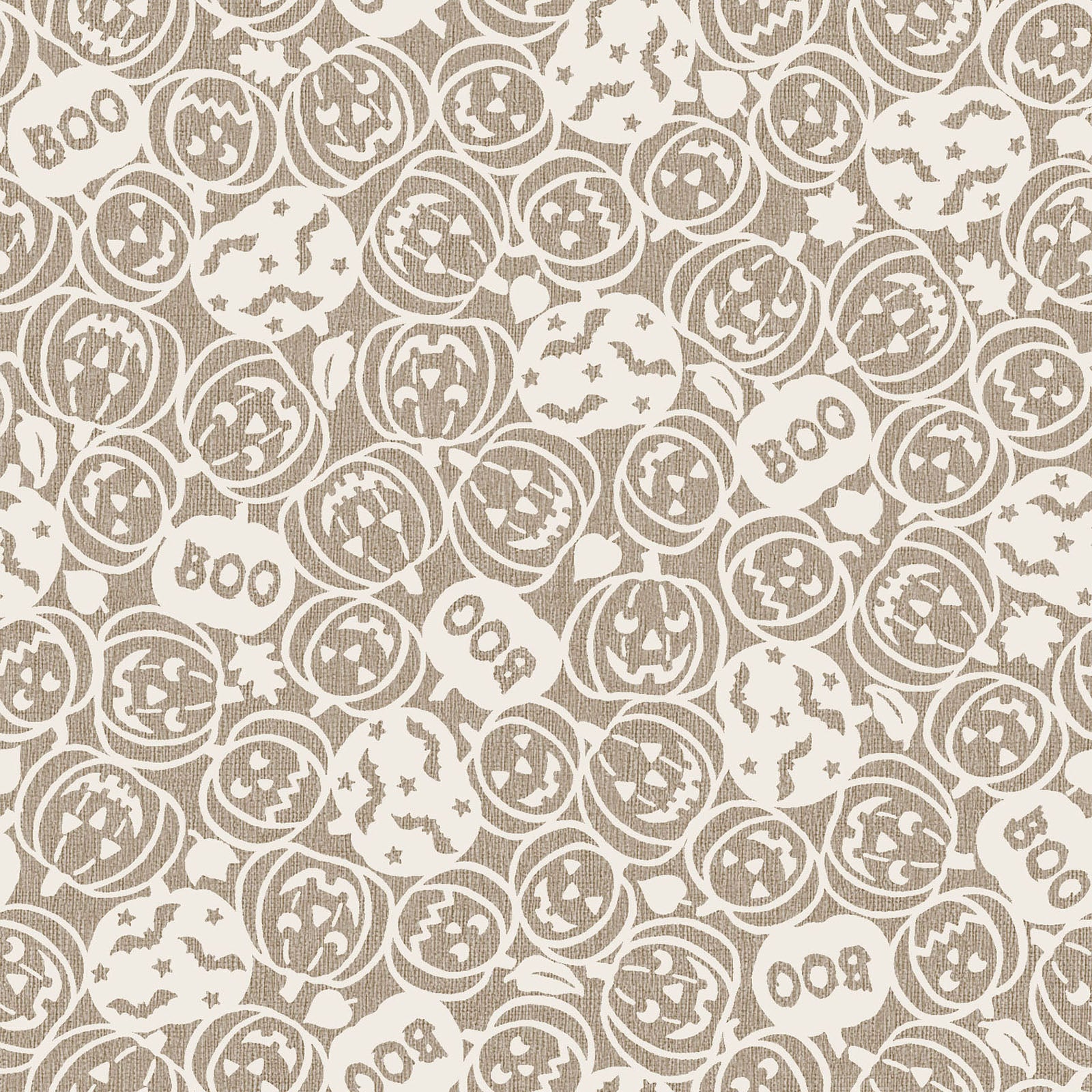 Pattern from the Pumpkin Grove fabric Collection Spooky Pumpkins: design features tossed carved jack-o'-lanterns, the word "boo," and flying bats. Backgrounds are orange, Orange/Black, Tan and Tan/Black. The collection by Maywood Studio is a rustic, farmhouse-inspired Halloween line featuring sophisticated seasonal palette and includes22 patterns characterized by textured backgrounds and classic spooky motifs