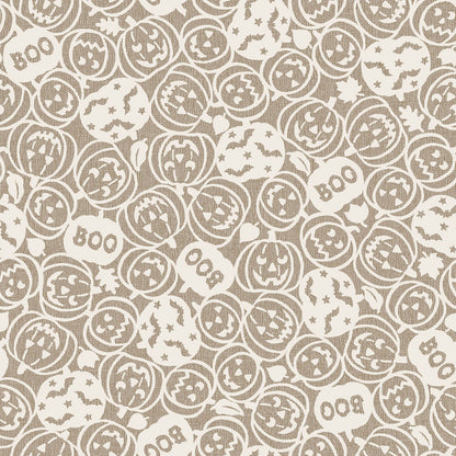 Pattern from the Pumpkin Grove fabric Collection Spooky Pumpkins: design features tossed carved jack-o'-lanterns, the word "boo," and flying bats. Backgrounds are orange, Orange/Black, Tan and Tan/Black. The collection by Maywood Studio is a rustic, farmhouse-inspired Halloween line featuring sophisticated seasonal palette and includes22 patterns characterized by textured backgrounds and classic spooky motifs