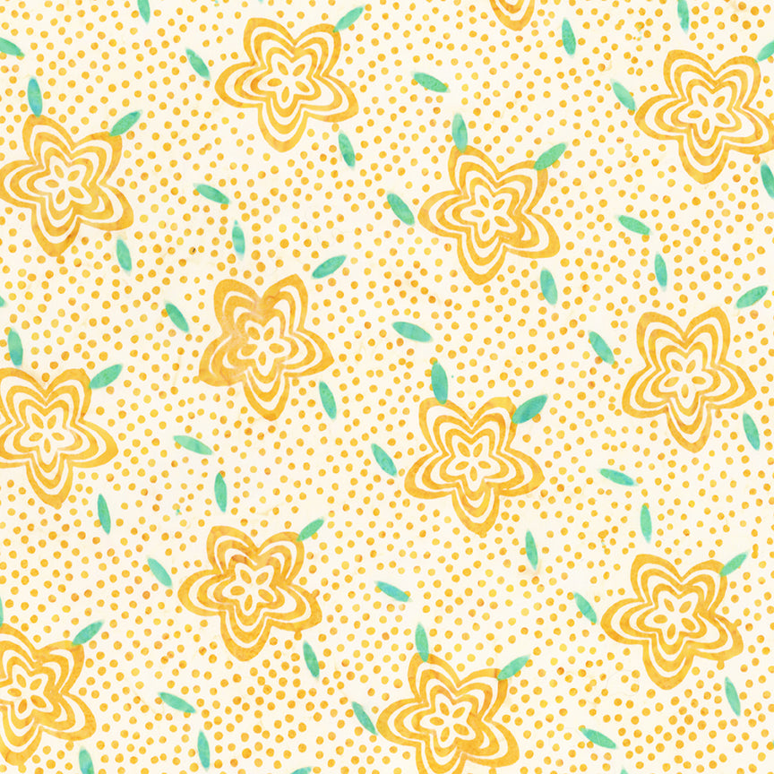 Pattern frosted lemon from The Expressions Batiks - Ink & Nectar collection by Riley Blake Designs features authentic hand-dyed fabrics with double tjap designs. Known for their sophisticated texture, these cotton and rayon prints incorporate small pops of color over diverse background shades. These patterns frequently combine overlapping organic motifs like florals, leaves, and abstract line work onto these base colors.
