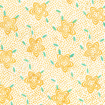 Pattern frosted lemon from The Expressions Batiks - Ink & Nectar collection by Riley Blake Designs features authentic hand-dyed fabrics with double tjap designs. Known for their sophisticated texture, these cotton and rayon prints incorporate small pops of color over diverse background shades. These patterns frequently combine overlapping organic motifs like florals, leaves, and abstract line work onto these base colors.
