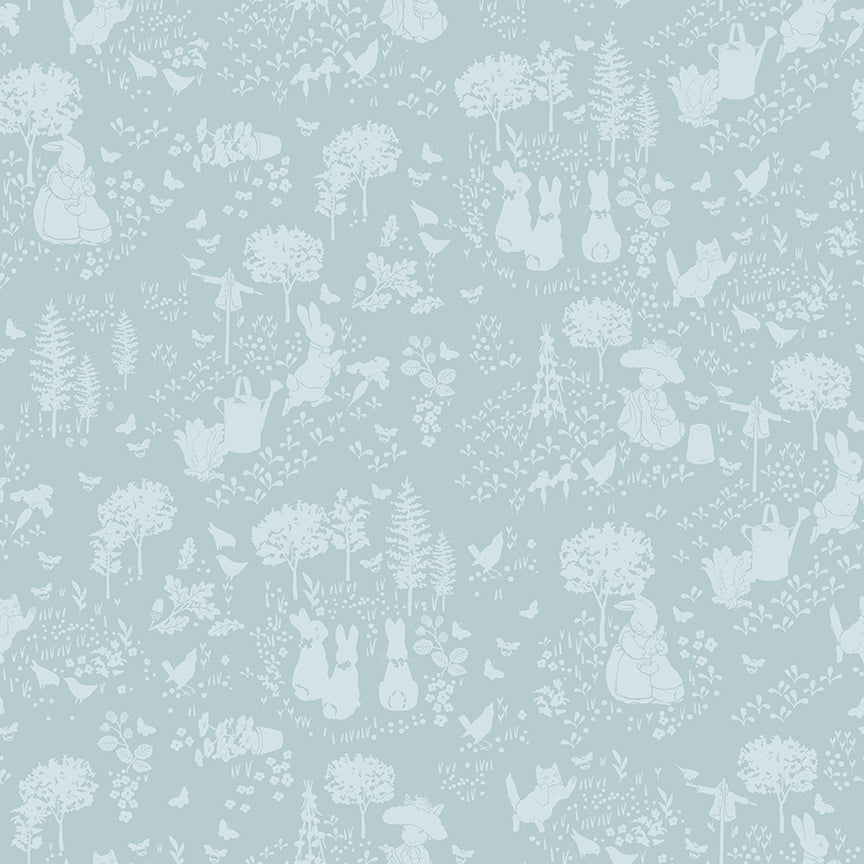 Pattern garden blue from the The Peter Rabbit™ & Benjamin Bunny™ collection for Riley Blake Designs. This print features a floral lattice with Peter Rabbit, Benjamin Bunny, and friends. Official licensed product. BEATRIX POTTER™. 
