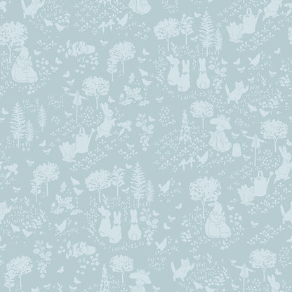 Pattern garden blue from the The Peter Rabbit™ & Benjamin Bunny™ collection for Riley Blake Designs. This print features a floral lattice with Peter Rabbit, Benjamin Bunny, and friends. Official licensed product. BEATRIX POTTER™. 