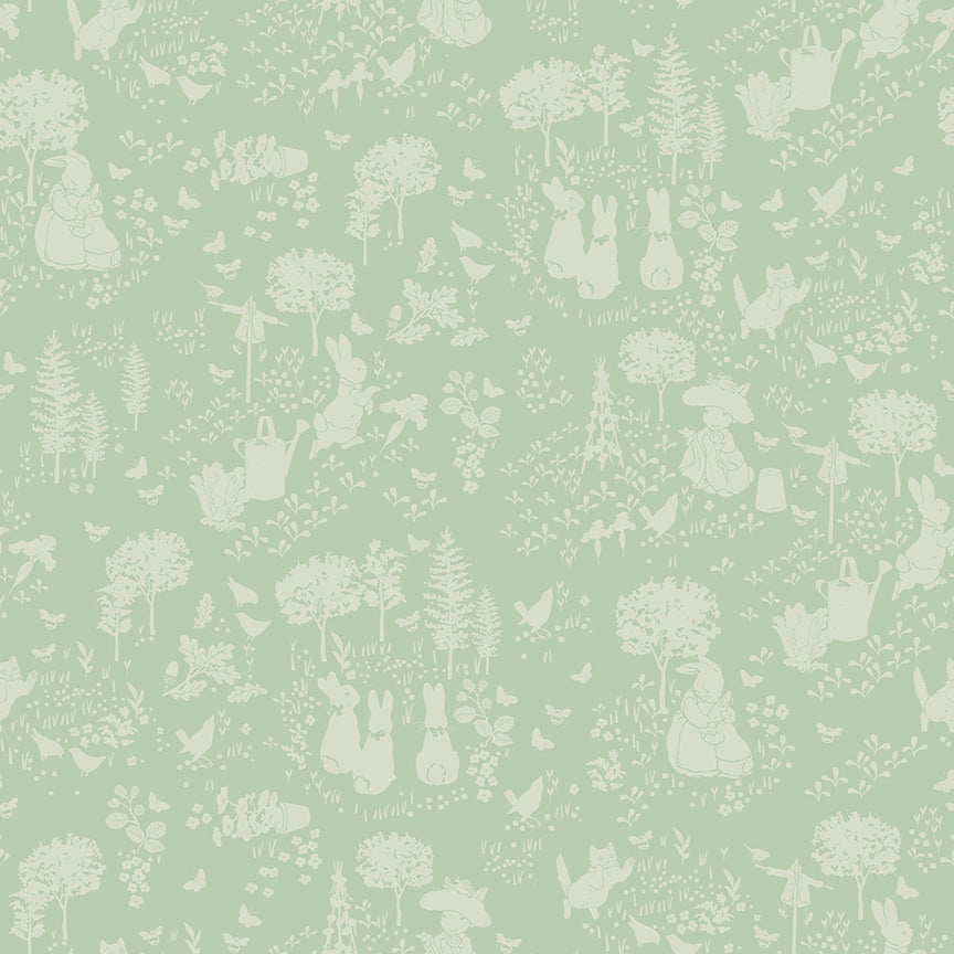 Pattern garden green from the The Peter Rabbit™ & Benjamin Bunny™ collection for Riley Blake Designs. This print features a floral lattice with Peter Rabbit, Benjamin Bunny, and friends. Official licensed product. BEATRIX POTTER™. 