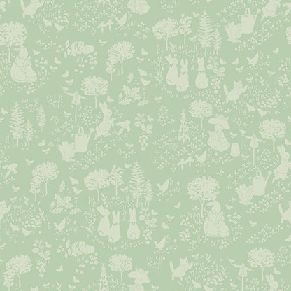 Pattern garden green from the The Peter Rabbit™ & Benjamin Bunny™ collection for Riley Blake Designs. This print features a floral lattice with Peter Rabbit, Benjamin Bunny, and friends. Official licensed product. BEATRIX POTTER™. 