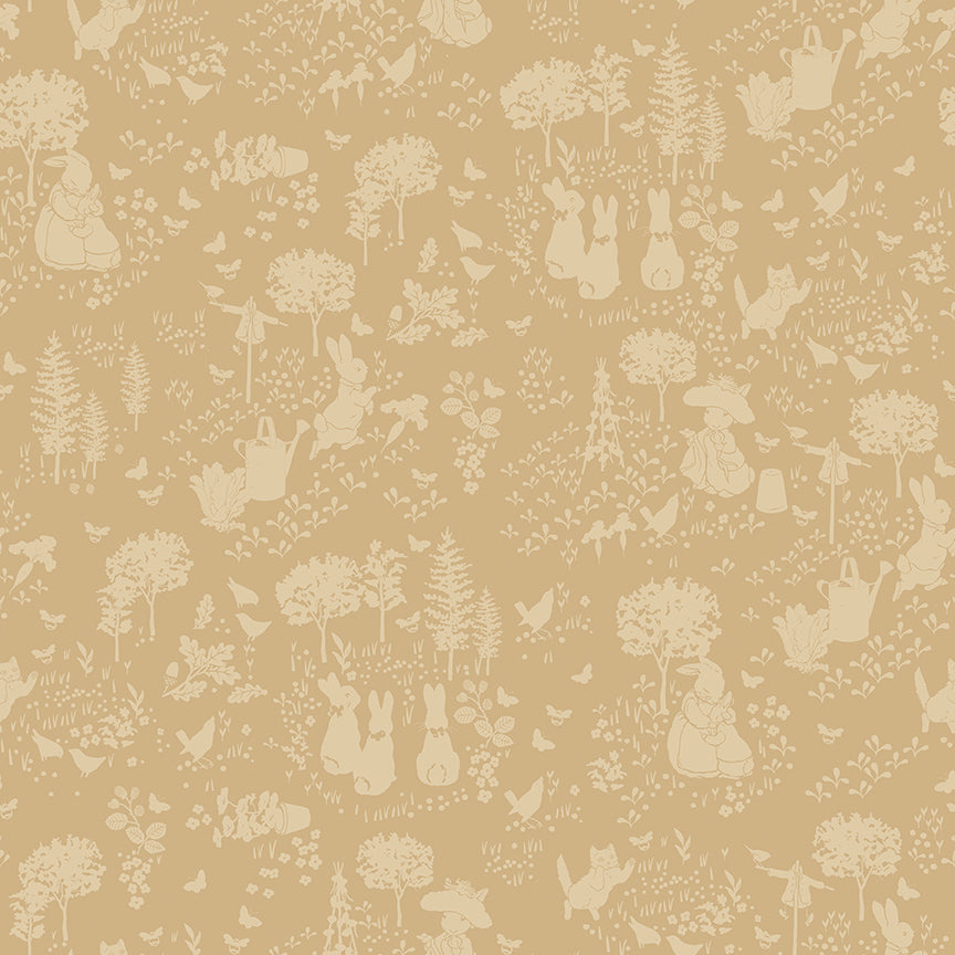 Pattern garden tan from the The Peter Rabbit™ & Benjamin Bunny™ collection for Riley Blake Designs. This print features a floral lattice with Peter Rabbit, Benjamin Bunny, and friends. Official licensed product. BEATRIX POTTER™. 