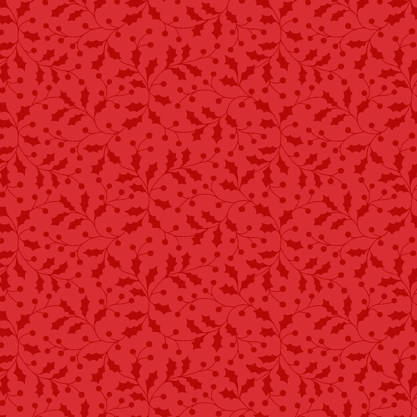 Pattern Holly and Berries A classic tossed print showcasing traditional holly leaves and bright red berries, accented with fine metallic details background Colors Snow White red and Green from The Merry Mix collection by Maywood Studio featuring a classic Christmas color palette of snow white, berry red, and holly green. It is characterized by nostalgic holiday motifs, prancing reindeer, and florals, all elevated with shimmering metallic gold and silver accent