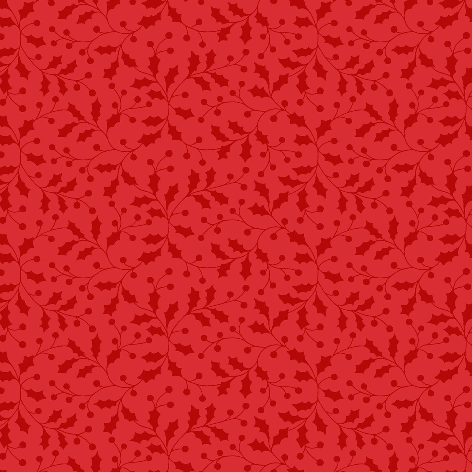 Pattern Holly and Berries A classic tossed print showcasing traditional holly leaves and bright red berries, accented with fine metallic details background Colors Snow White red and Green from The Merry Mix collection by Maywood Studio featuring a classic Christmas color palette of snow white, berry red, and holly green. It is characterized by nostalgic holiday motifs, prancing reindeer, and florals, all elevated with shimmering metallic gold and silver accent