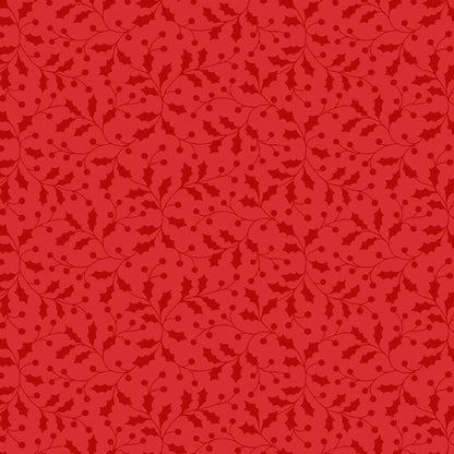 Pattern Holly and Berries A classic tossed print showcasing traditional holly leaves and bright red berries, accented with fine metallic details background Colors Snow White red and Green from The Merry Mix collection by Maywood Studio featuring a classic Christmas color palette of snow white, berry red, and holly green. It is characterized by nostalgic holiday motifs, prancing reindeer, and florals, all elevated with shimmering metallic gold and silver accent