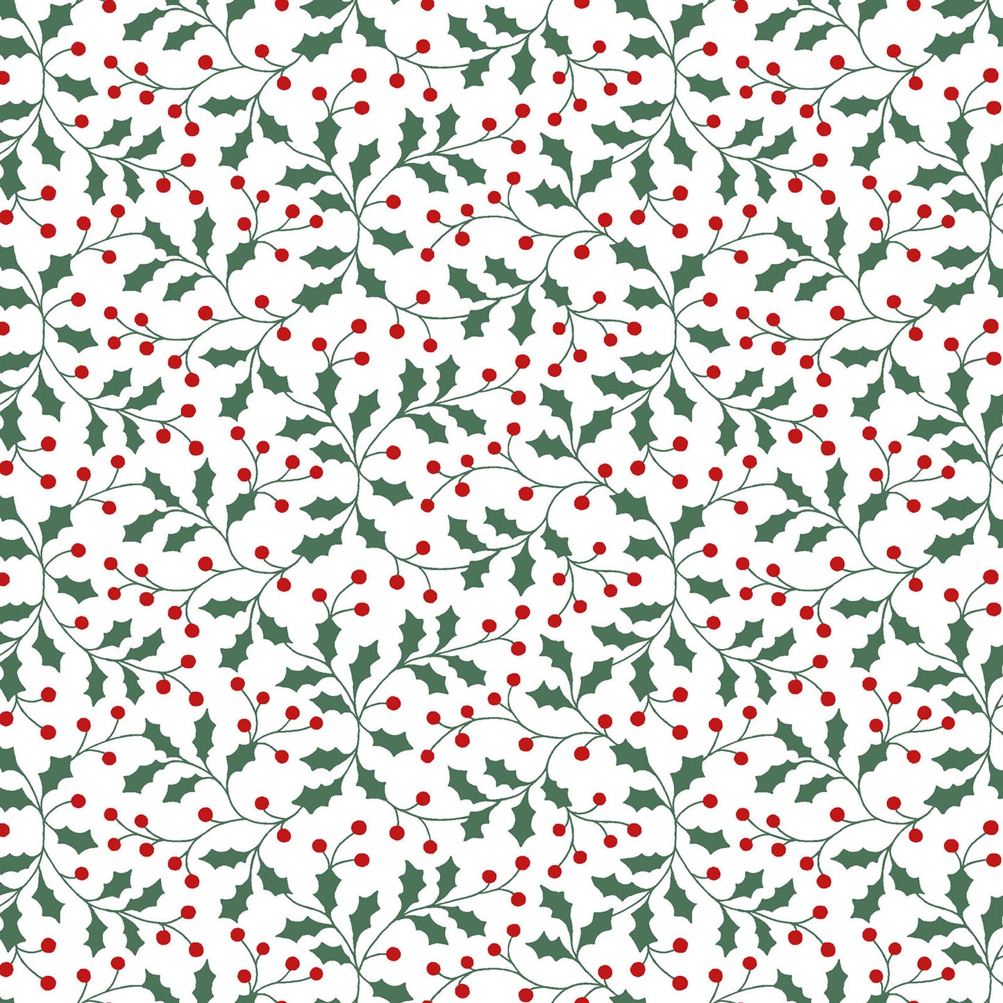 Pattern Holly and Berries A classic tossed print showcasing traditional holly leaves and bright red berries, accented with fine metallic details background Colors Snow White red and Green from The Merry Mix collection by Maywood Studio featuring a classic Christmas color palette of snow white, berry red, and holly green. It is characterized by nostalgic holiday motifs, prancing reindeer, and florals, all elevated with shimmering metallic gold and silver accent