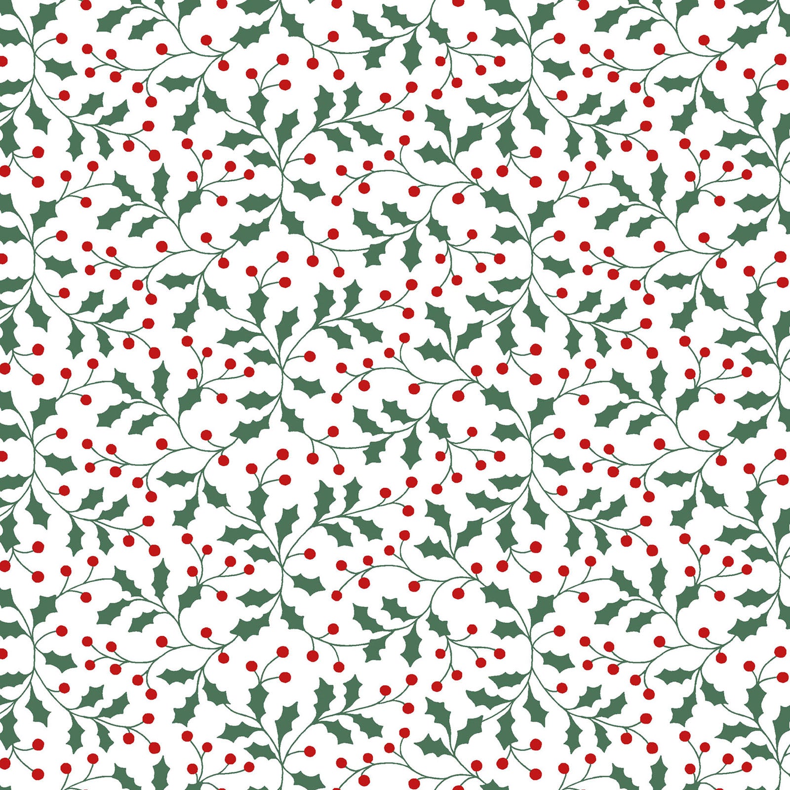 Pattern Holly and Berries A classic tossed print showcasing traditional holly leaves and bright red berries, accented with fine metallic details background Colors Snow White red and Green from The Merry Mix collection by Maywood Studio featuring a classic Christmas color palette of snow white, berry red, and holly green. It is characterized by nostalgic holiday motifs, prancing reindeer, and florals, all elevated with shimmering metallic gold and silver accent