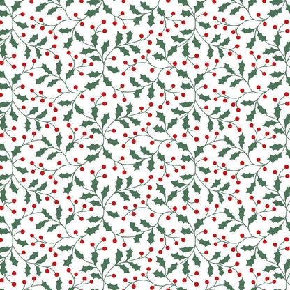Pattern Holly and Berries A classic tossed print showcasing traditional holly leaves and bright red berries, accented with fine metallic details background Colors Snow White red and Green from The Merry Mix collection by Maywood Studio featuring a classic Christmas color palette of snow white, berry red, and holly green. It is characterized by nostalgic holiday motifs, prancing reindeer, and florals, all elevated with shimmering metallic gold and silver accent