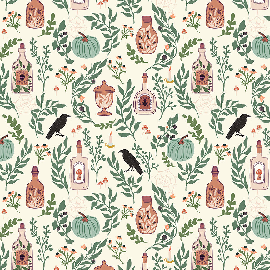 Pattern from the fabric collection The Apothecary, the one shown is Main with background colors in Cream, Deep Teal, Mint: The primary print featuring a collection of potion bottles, candles, herbs, and labeled vintage jar. Designed by Amber Elliot of Alderwood Studio for Riley Blake Designs, is a whimsical, "witchy" fall collection inspired by vintage apothecary shops.