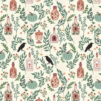 Pattern from the fabric collection The Apothecary, the one shown is Main with background colors in Cream, Deep Teal, Mint: The primary print featuring a collection of potion bottles, candles, herbs, and labeled vintage jar. Designed by Amber Elliot of Alderwood Studio for Riley Blake Designs, is a whimsical, "witchy" fall collection inspired by vintage apothecary shops.