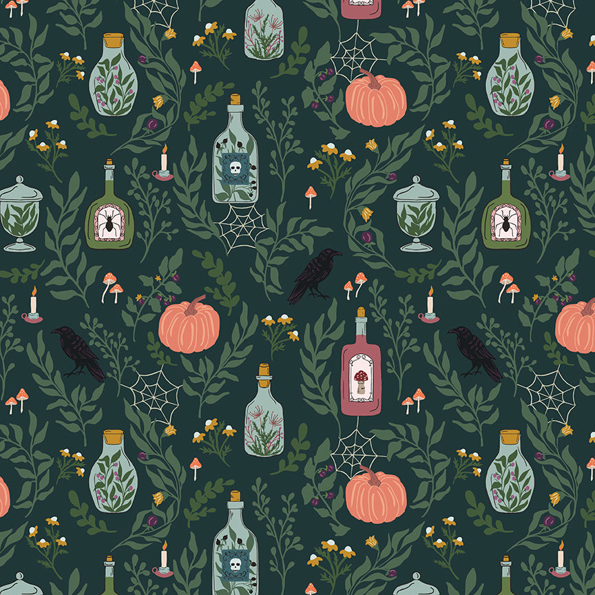 Pattern from the fabric collection The Apothecary, the one shown is Main with background colors in Cream, Deep Teal, Mint: The primary print featuring a collection of potion bottles, candles, herbs, and labeled vintage jar. Designed by Amber Elliot of Alderwood Studio for Riley Blake Designs, is a whimsical, "witchy" fall collection inspired by vintage apothecary shops.