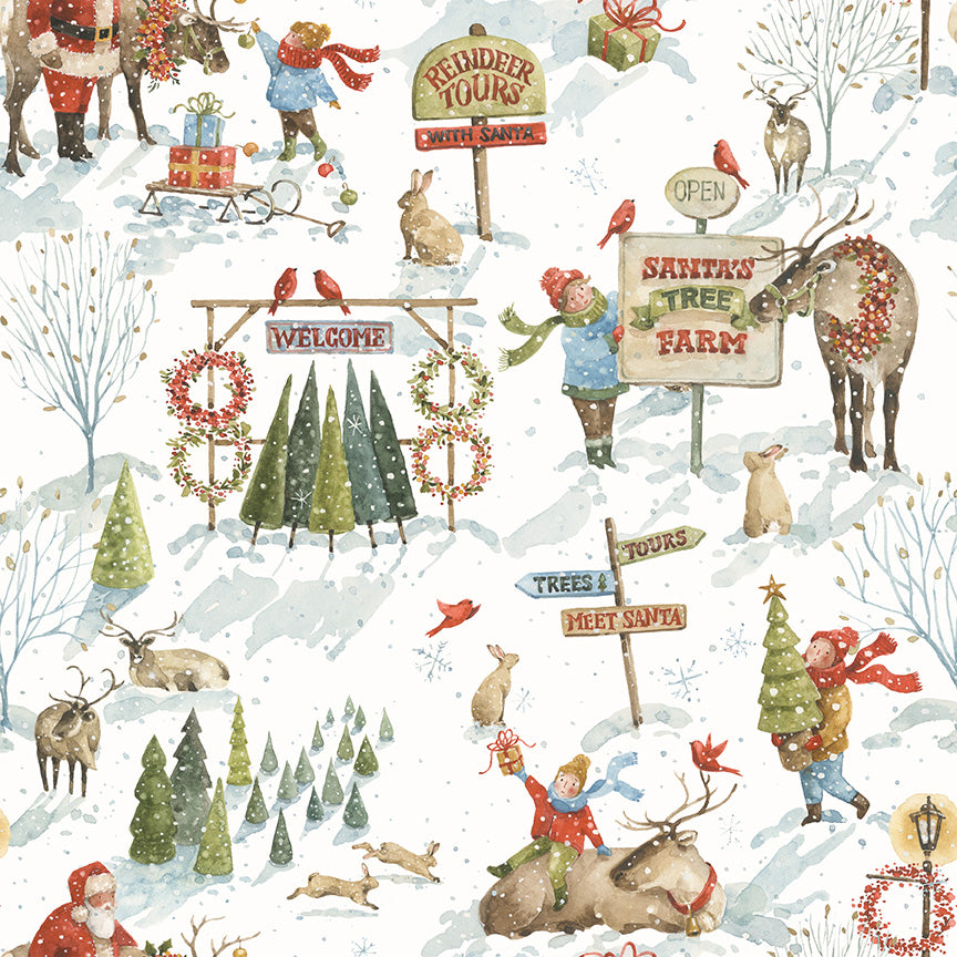 Pattern main white from the Santa's Tree Farm collection by Lisa Audit for Riley Blake Designs.
