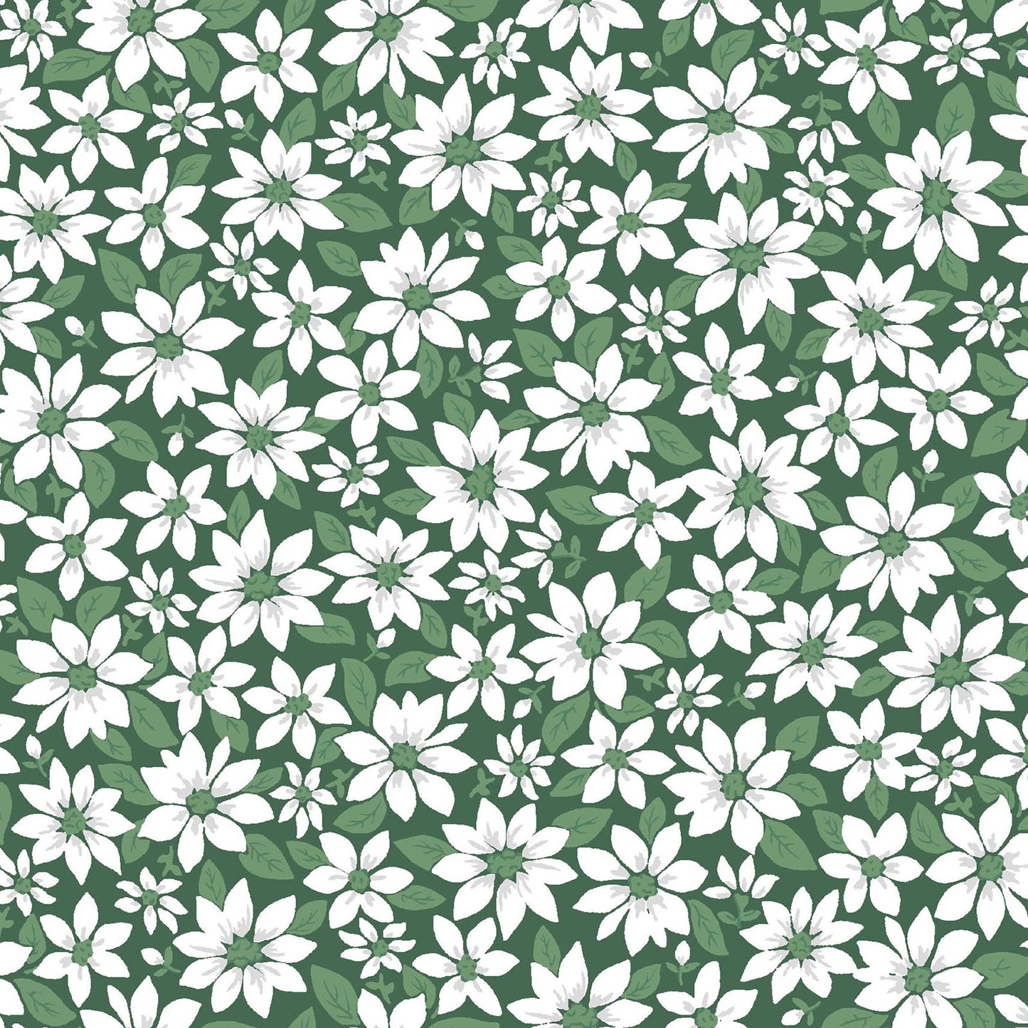 Pattern Poinsettia Florals: A beautiful, layered winter floral print featuring detailed poinsettia blooms and muted green leaves (Background Colors: Available in crisp Snow White and deep Green) from The Merry Mix collection by Maywood Studio featuring a classic Christmas color palette of snow white, berry red, and holly green. It is characterized by nostalgic holiday motifs, prancing reindeer, and florals, all elevated with shimmering metallic gold and silver accent