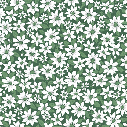 Pattern Poinsettia Florals: A beautiful, layered winter floral print featuring detailed poinsettia blooms and muted green leaves (Background Colors: Available in crisp Snow White and deep Green) from The Merry Mix collection by Maywood Studio featuring a classic Christmas color palette of snow white, berry red, and holly green. It is characterized by nostalgic holiday motifs, prancing reindeer, and florals, all elevated with shimmering metallic gold and silver accent
