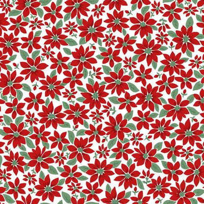 Pattern Poinsettia Florals: A beautiful, layered winter floral print featuring detailed poinsettia blooms and muted green leaves (Background Colors: Available in crisp Snow White and deep Green) from The Merry Mix collection by Maywood Studio featuring a classic Christmas color palette of snow white, berry red, and holly green. It is characterized by nostalgic holiday motifs, prancing reindeer, and florals, all elevated with shimmering metallic gold and silver accent