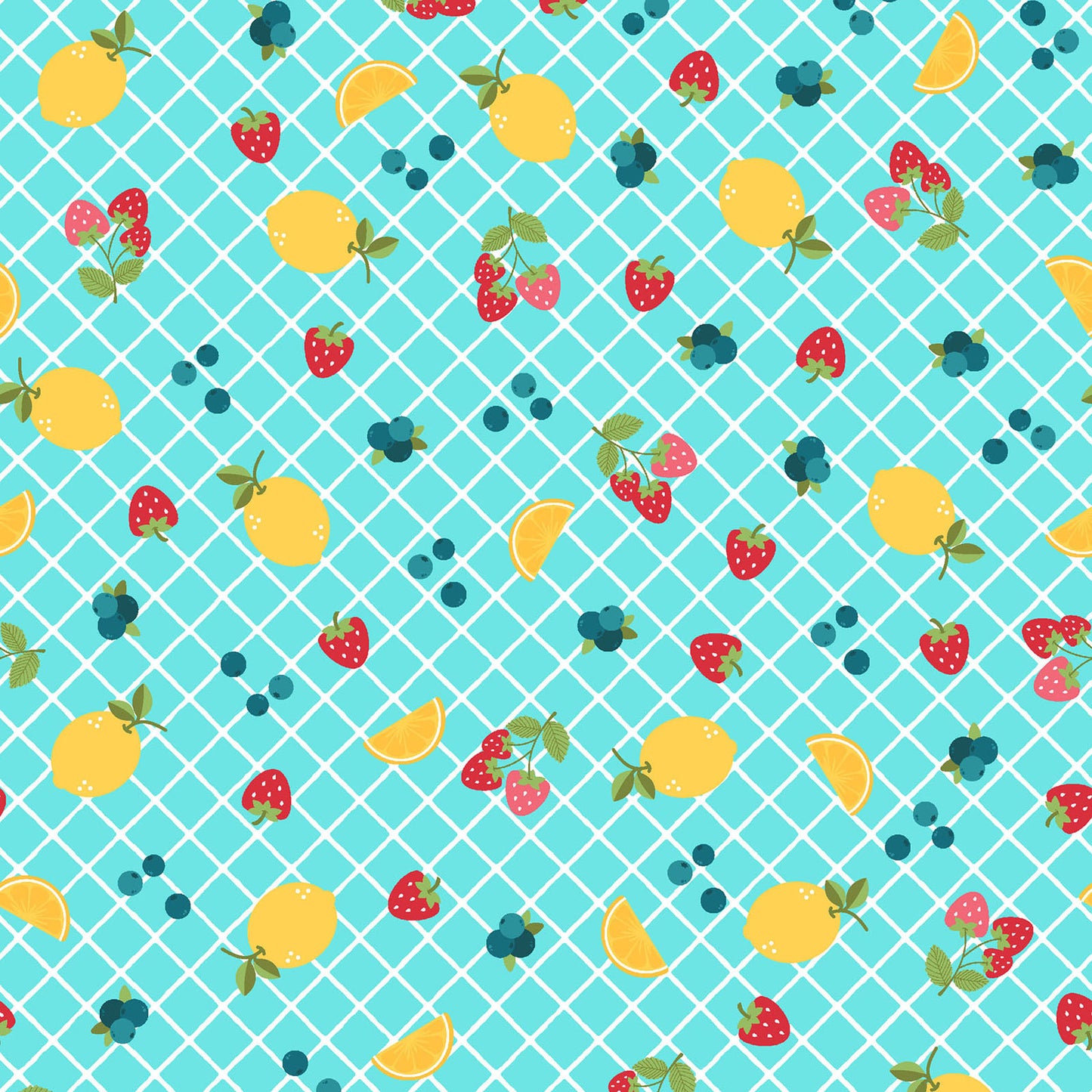 Pattern Ripe Fruits: Dynamic all-over prints heavily featuring juicy watermelon slices, zesty citrus slices, and tropical pineapples background green from The Sippin' on Sunshine collection by Kimberbell for Maywood Studio celebrates summer with playful picnic and warm-weather motifs. This collection features bright citrus slices, refreshing drinks, gingham checks, and ditsy florals across a vibrant palette of sky blue, lemon yellow, pink, and red.