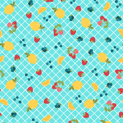 Pattern Ripe Fruits: Dynamic all-over prints heavily featuring juicy watermelon slices, zesty citrus slices, and tropical pineapples background green from The Sippin' on Sunshine collection by Kimberbell for Maywood Studio celebrates summer with playful picnic and warm-weather motifs. This collection features bright citrus slices, refreshing drinks, gingham checks, and ditsy florals across a vibrant palette of sky blue, lemon yellow, pink, and red.
