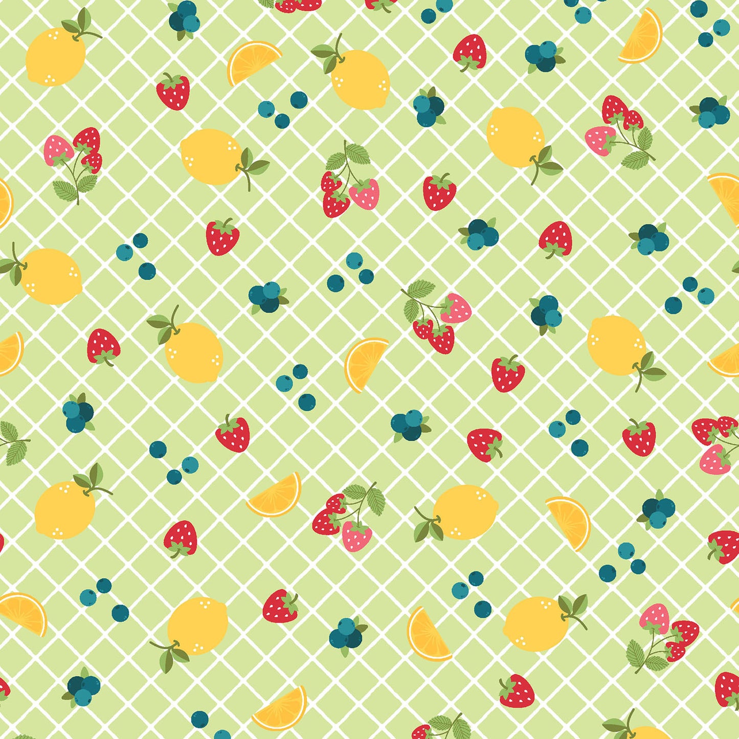 Pattern Ripe Fruits: Dynamic all-over prints heavily featuring juicy watermelon slices, zesty citrus slices, and tropical pineapples background green from The Sippin' on Sunshine collection by Kimberbell for Maywood Studio celebrates summer with playful picnic and warm-weather motifs. This collection features bright citrus slices, refreshing drinks, gingham checks, and ditsy florals across a vibrant palette of sky blue, lemon yellow, pink, and red.