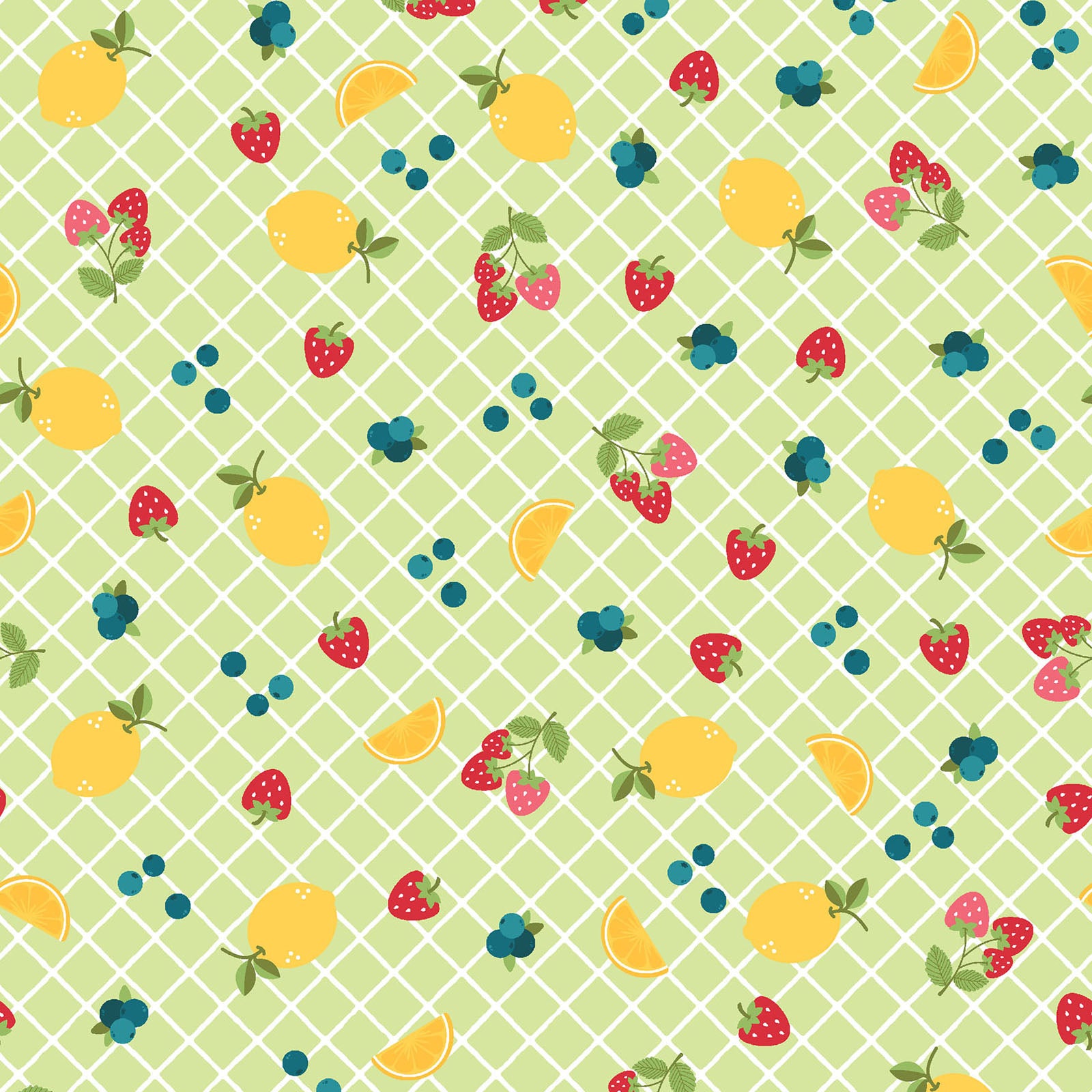 Pattern Ripe Fruits: Dynamic all-over prints heavily featuring juicy watermelon slices, zesty citrus slices, and tropical pineapples background green from The Sippin' on Sunshine collection by Kimberbell for Maywood Studio celebrates summer with playful picnic and warm-weather motifs. This collection features bright citrus slices, refreshing drinks, gingham checks, and ditsy florals across a vibrant palette of sky blue, lemon yellow, pink, and red.