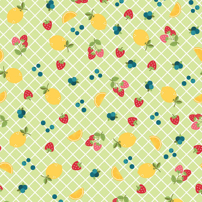 Pattern Ripe Fruits: Dynamic all-over prints heavily featuring juicy watermelon slices, zesty citrus slices, and tropical pineapples background green from The Sippin' on Sunshine collection by Kimberbell for Maywood Studio celebrates summer with playful picnic and warm-weather motifs. This collection features bright citrus slices, refreshing drinks, gingham checks, and ditsy florals across a vibrant palette of sky blue, lemon yellow, pink, and red.