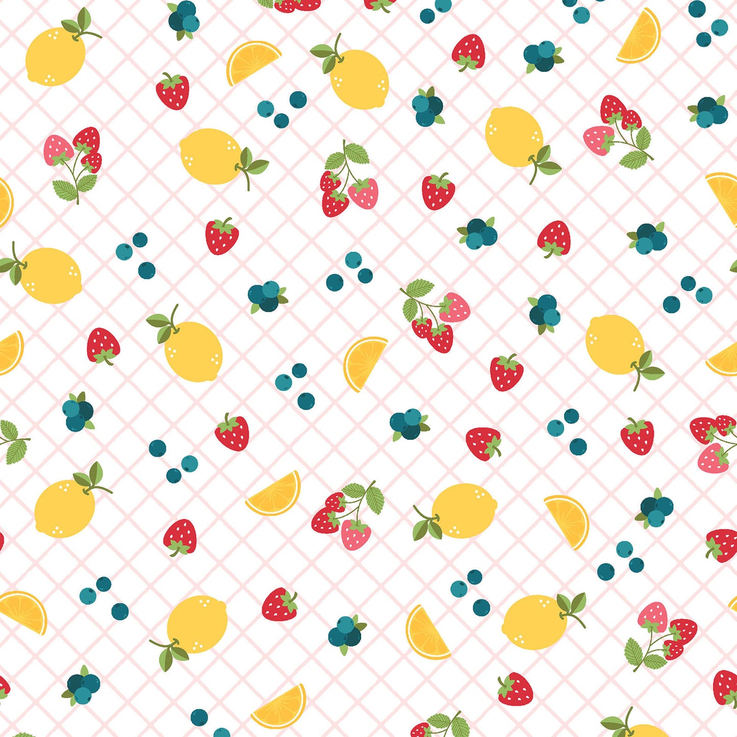 Pattern Ripe Fruits: Dynamic all-over prints heavily featuring juicy watermelon slices, zesty citrus slices, and tropical pineapples background green from The Sippin' on Sunshine collection by Kimberbell for Maywood Studio celebrates summer with playful picnic and warm-weather motifs. This collection features bright citrus slices, refreshing drinks, gingham checks, and ditsy florals across a vibrant palette of sky blue, lemon yellow, pink, and red.