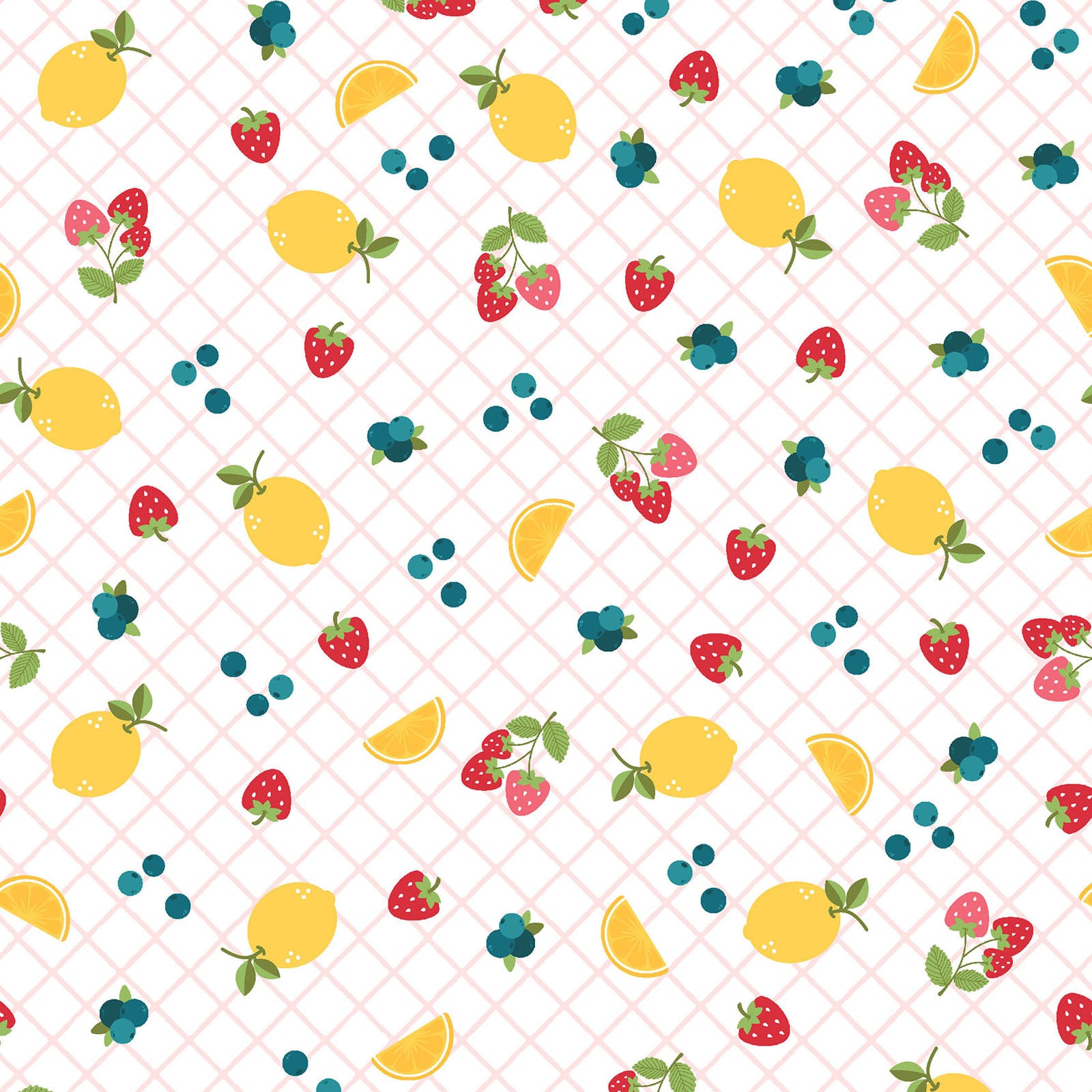 Pattern Ripe Fruits: Dynamic all-over prints heavily featuring juicy watermelon slices, zesty citrus slices, and tropical pineapples background green from The Sippin' on Sunshine collection by Kimberbell for Maywood Studio celebrates summer with playful picnic and warm-weather motifs. This collection features bright citrus slices, refreshing drinks, gingham checks, and ditsy florals across a vibrant palette of sky blue, lemon yellow, pink, and red.