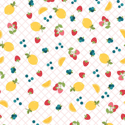 Pattern Ripe Fruits: Dynamic all-over prints heavily featuring juicy watermelon slices, zesty citrus slices, and tropical pineapples background green from The Sippin' on Sunshine collection by Kimberbell for Maywood Studio celebrates summer with playful picnic and warm-weather motifs. This collection features bright citrus slices, refreshing drinks, gingham checks, and ditsy florals across a vibrant palette of sky blue, lemon yellow, pink, and red.