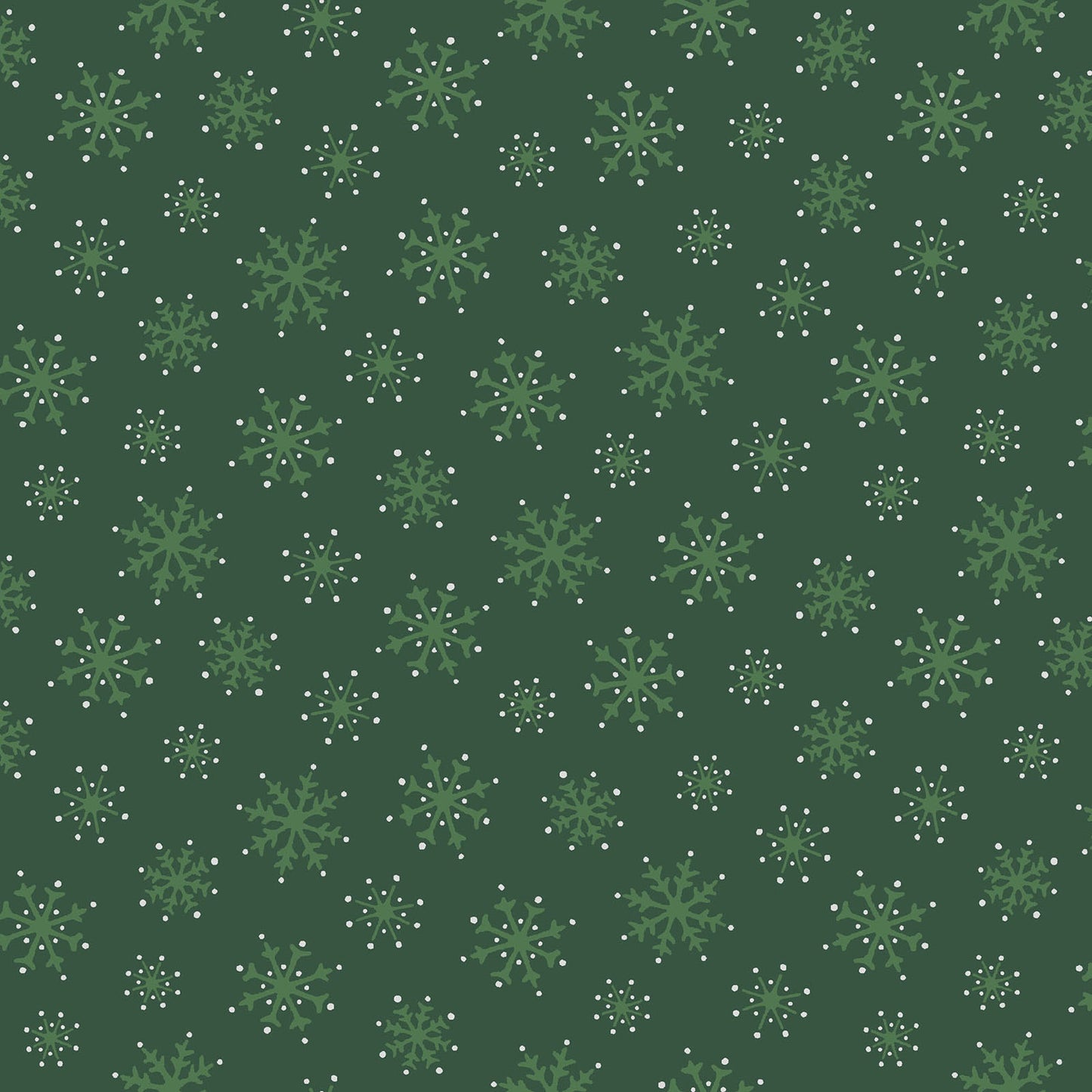 Pattern Snowflakes: A dense, elegant pattern of varying sizes of delicate snowflakes, embellished with shimmering metallic silver and gold, Background Colors: Featured prominently on Holly Green, berry Red, and Snow White  from The Merry Mix collection by Maywood Studio featuring a classic Christmas color palette of snow white, berry red, and holly green. It is characterized by nostalgic holiday motifs, prancing reindeer, and florals, all elevated with shimmering metallic gold and silver accent