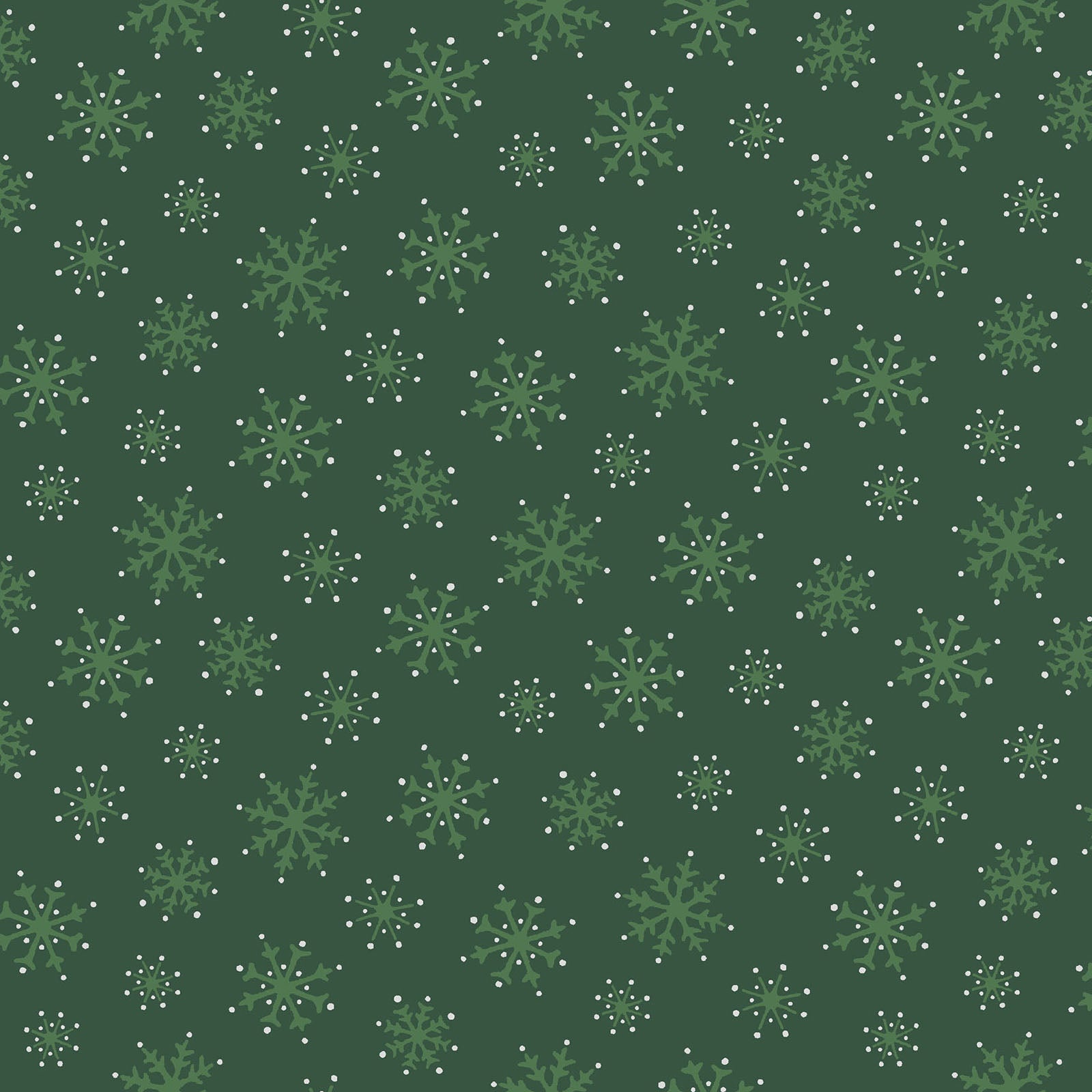 Pattern Snowflakes: A dense, elegant pattern of varying sizes of delicate snowflakes, embellished with shimmering metallic silver and gold, Background Colors: Featured prominently on Holly Green, berry Red, and Snow White  from The Merry Mix collection by Maywood Studio featuring a classic Christmas color palette of snow white, berry red, and holly green. It is characterized by nostalgic holiday motifs, prancing reindeer, and florals, all elevated with shimmering metallic gold and silver accent