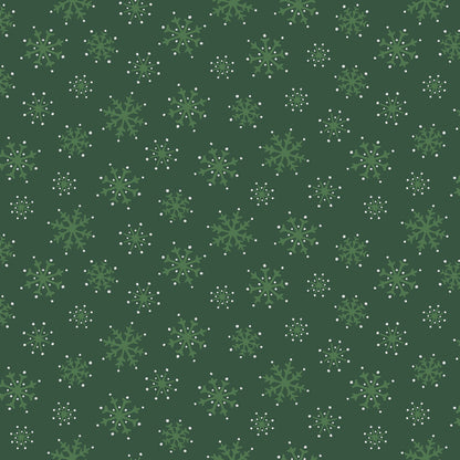 Pattern Snowflakes: A dense, elegant pattern of varying sizes of delicate snowflakes, embellished with shimmering metallic silver and gold, Background Colors: Featured prominently on Holly Green, berry Red, and Snow White  from The Merry Mix collection by Maywood Studio featuring a classic Christmas color palette of snow white, berry red, and holly green. It is characterized by nostalgic holiday motifs, prancing reindeer, and florals, all elevated with shimmering metallic gold and silver accent