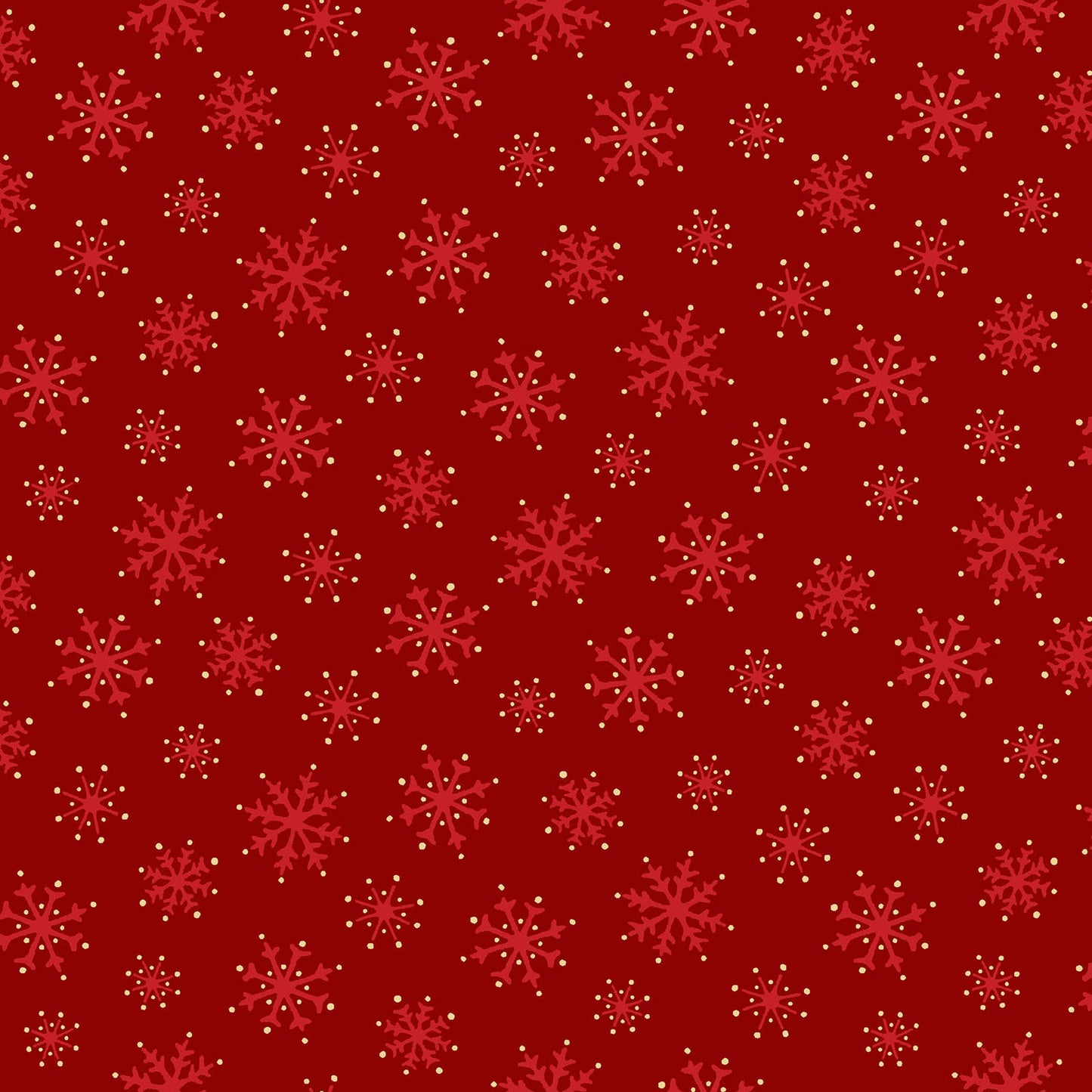 Pattern Snowflakes: A dense, elegant pattern of varying sizes of delicate snowflakes, embellished with shimmering metallic silver and gold, Background Colors: Featured prominently on Holly Green, berry Red, and Snow White  from The Merry Mix collection by Maywood Studio featuring a classic Christmas color palette of snow white, berry red, and holly green. It is characterized by nostalgic holiday motifs, prancing reindeer, and florals, all elevated with shimmering metallic gold and silver accent