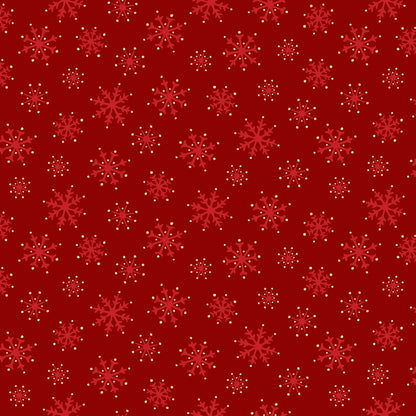 Pattern Snowflakes: A dense, elegant pattern of varying sizes of delicate snowflakes, embellished with shimmering metallic silver and gold, Background Colors: Featured prominently on Holly Green, berry Red, and Snow White  from The Merry Mix collection by Maywood Studio featuring a classic Christmas color palette of snow white, berry red, and holly green. It is characterized by nostalgic holiday motifs, prancing reindeer, and florals, all elevated with shimmering metallic gold and silver accent