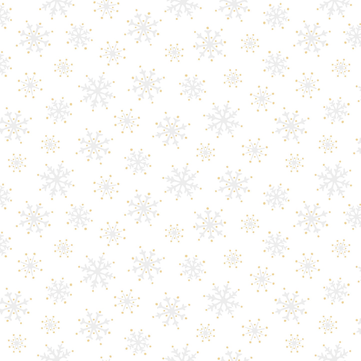 Pattern Snowflakes: A dense, elegant pattern of varying sizes of delicate snowflakes, embellished with shimmering metallic silver and gold, Background Colors: Featured prominently on Holly Green, berry Red, and Snow White  from The Merry Mix collection by Maywood Studio featuring a classic Christmas color palette of snow white, berry red, and holly green. It is characterized by nostalgic holiday motifs, prancing reindeer, and florals, all elevated with shimmering metallic gold and silver accent