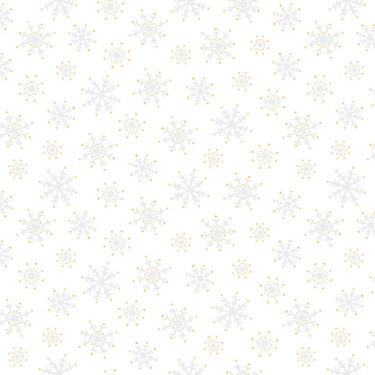 Pattern Snowflakes: A dense, elegant pattern of varying sizes of delicate snowflakes, embellished with shimmering metallic silver and gold, Background Colors: Featured prominently on Holly Green, berry Red, and Snow White  from The Merry Mix collection by Maywood Studio featuring a classic Christmas color palette of snow white, berry red, and holly green. It is characterized by nostalgic holiday motifs, prancing reindeer, and florals, all elevated with shimmering metallic gold and silver accent
