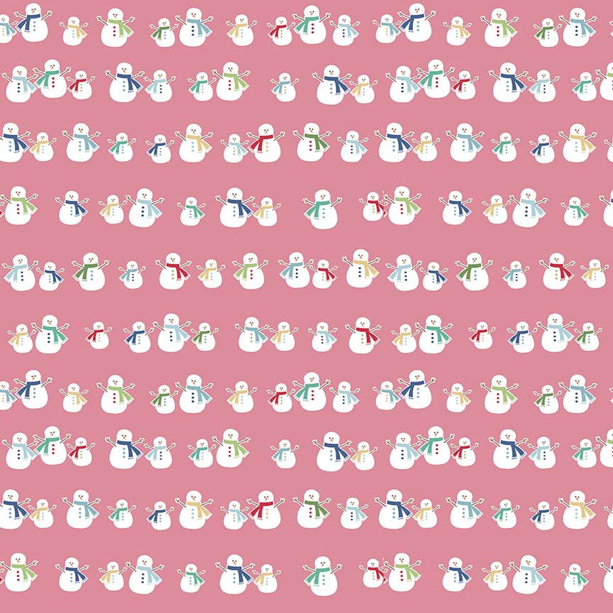 Pattern Snowman: Features cheerful, vintage-style illustrated snowmen  with backgrounds: Blue, Pink, and Yellow from the Cozy Christmas collection by Lori Holt for Riley Blake Designs is a vintage-inspired holiday line. It features festive motifs like snowmen, reindeer, recipes, and seasonal florals, typically produced in bright traditional colorways.