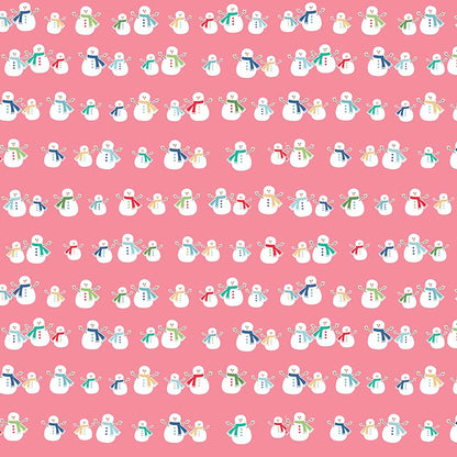 Pattern Snowman: Features cheerful, vintage-style illustrated snowmen  with backgrounds: Blue, Pink, and Yellow from the Cozy Christmas collection by Lori Holt for Riley Blake Designs is a vintage-inspired holiday line. It features festive motifs like snowmen, reindeer, recipes, and seasonal florals, typically produced in bright traditional colorways.