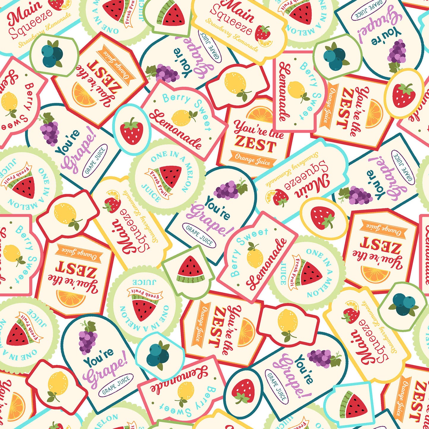 Pattern Soda Labels / Novelty Tags: A whimsical patchwork layout featuring illustrated, multi-colored vintage soda and lemonade labels Background Color: Multi-color or White from The Sippin' on Sunshine collection by Kimberbell for Maywood Studio celebrates summer with playful picnic and warm-weather motifs. This collection features bright citrus slices, refreshing drinks, gingham checks, and ditsy florals across a vibrant palette of sky blue, lemon yellow, pink, and red.