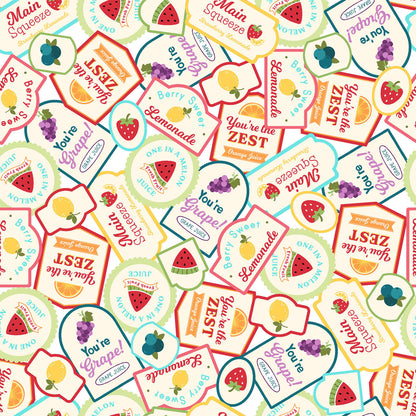 Pattern Soda Labels / Novelty Tags: A whimsical patchwork layout featuring illustrated, multi-colored vintage soda and lemonade labels Background Color: Multi-color or White from The Sippin' on Sunshine collection by Kimberbell for Maywood Studio celebrates summer with playful picnic and warm-weather motifs. This collection features bright citrus slices, refreshing drinks, gingham checks, and ditsy florals across a vibrant palette of sky blue, lemon yellow, pink, and red.
