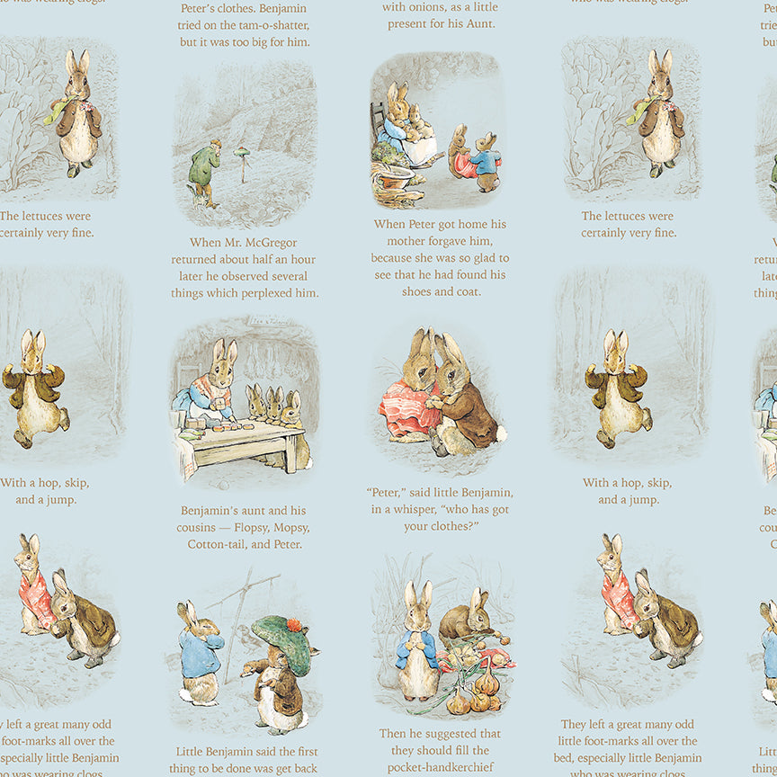 Pattern Story time Blue from the The Peter Rabbit™ & Benjamin Bunny™ collection for Riley Blake Designs. This print features a floral lattice with Peter Rabbit, Benjamin Bunny, and friends. Official licensed product. BEATRIX POTTER™. 