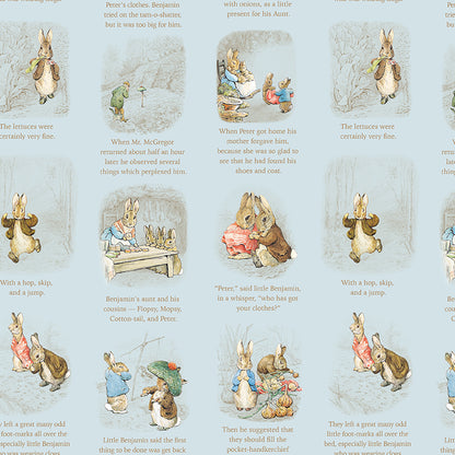 Pattern Story time Blue from the The Peter Rabbit™ & Benjamin Bunny™ collection for Riley Blake Designs. This print features a floral lattice with Peter Rabbit, Benjamin Bunny, and friends. Official licensed product. BEATRIX POTTER™. 