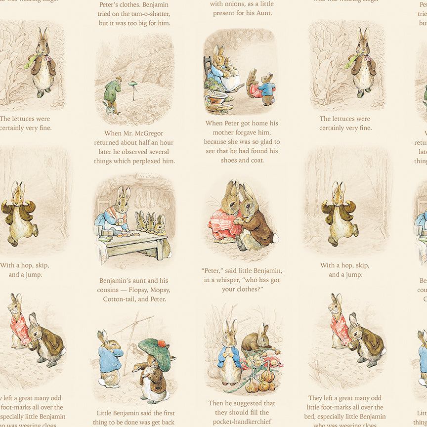 Pattern Story time creme from the The Peter Rabbit™ & Benjamin Bunny™ collection for Riley Blake Designs. This print features a floral lattice with Peter Rabbit, Benjamin Bunny, and friends. Official licensed product. BEATRIX POTTER™. 