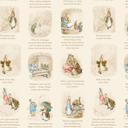 Pattern Story time creme from the The Peter Rabbit™ & Benjamin Bunny™ collection for Riley Blake Designs. This print features a floral lattice with Peter Rabbit, Benjamin Bunny, and friends. Official licensed product. BEATRIX POTTER™. 