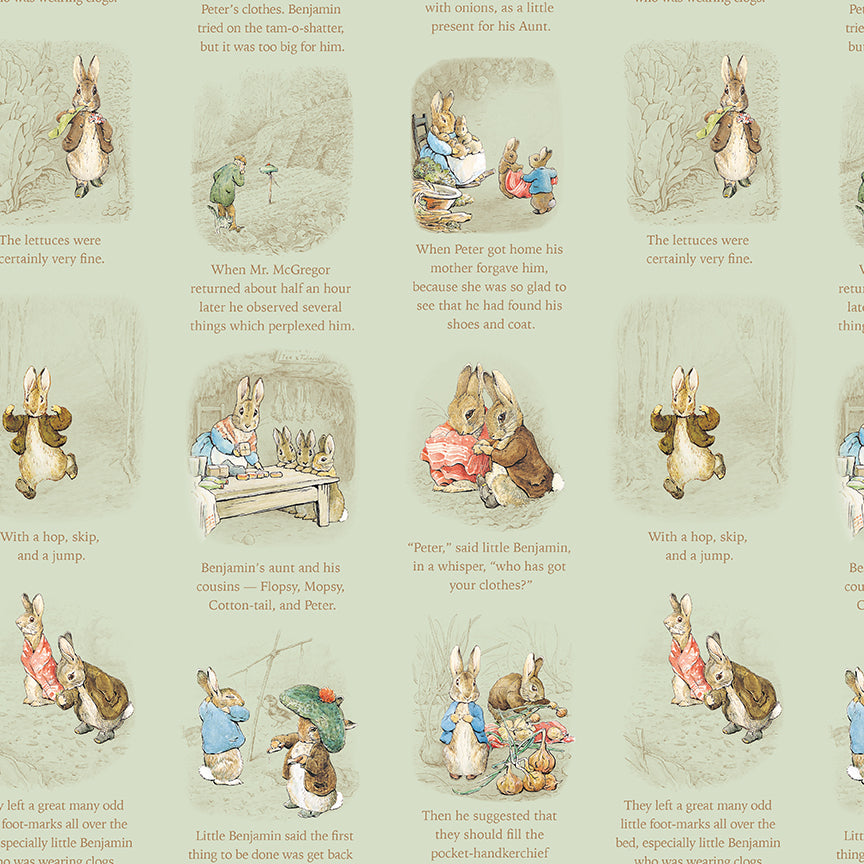 Pattern Story time Green from the The Peter Rabbit™ & Benjamin Bunny™ collection for Riley Blake Designs. This print features a floral lattice with Peter Rabbit, Benjamin Bunny, and friends. Official licensed product. BEATRIX POTTER™. 